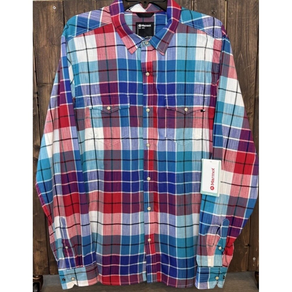Marmot Parkfield Men’s XL L/S Pearl Snap Shirt Multicolor Enamel Blue $85